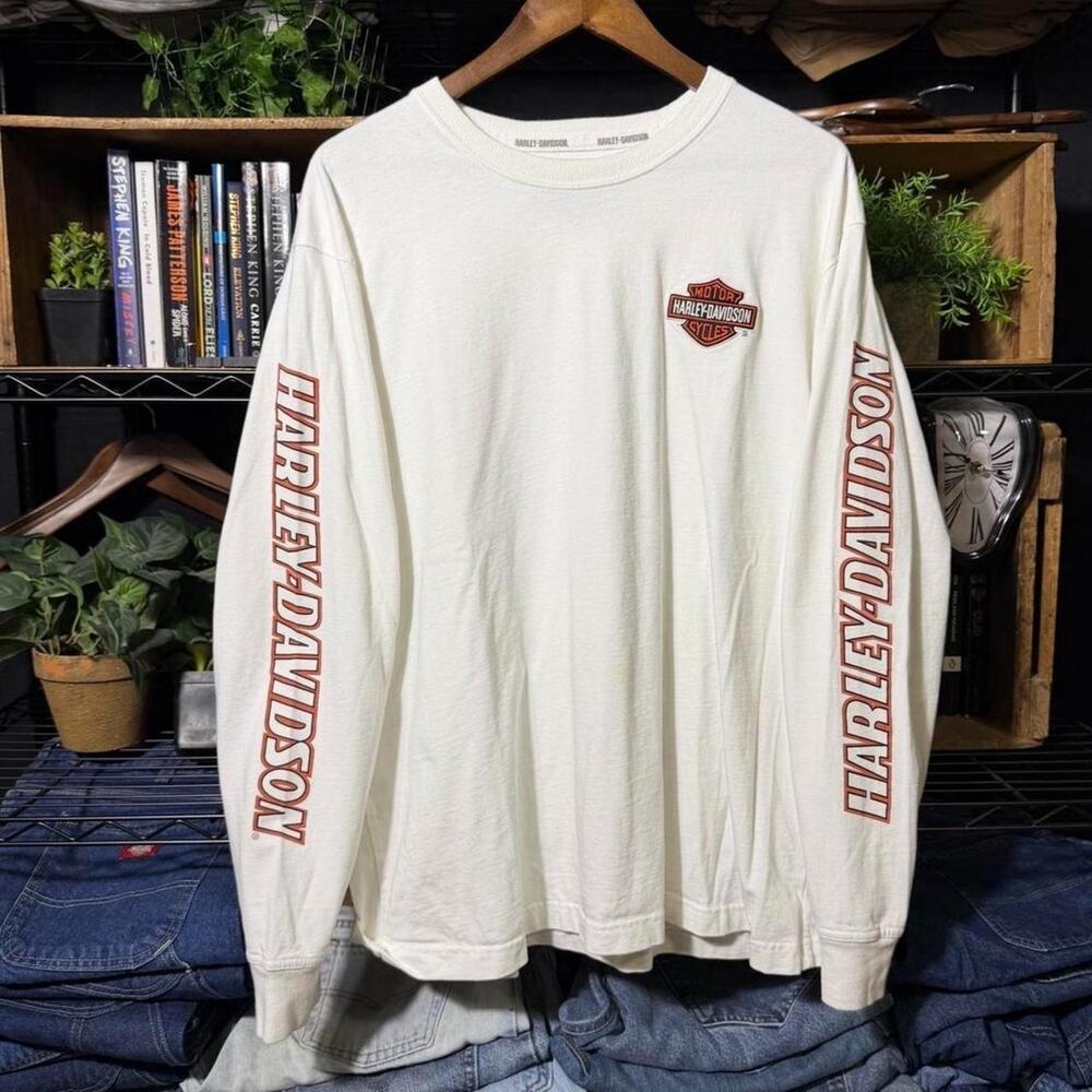 Harley Davidson Spellout Sleeve Hits Biker Tee WHite Orange Long Sleeve Shirt XL